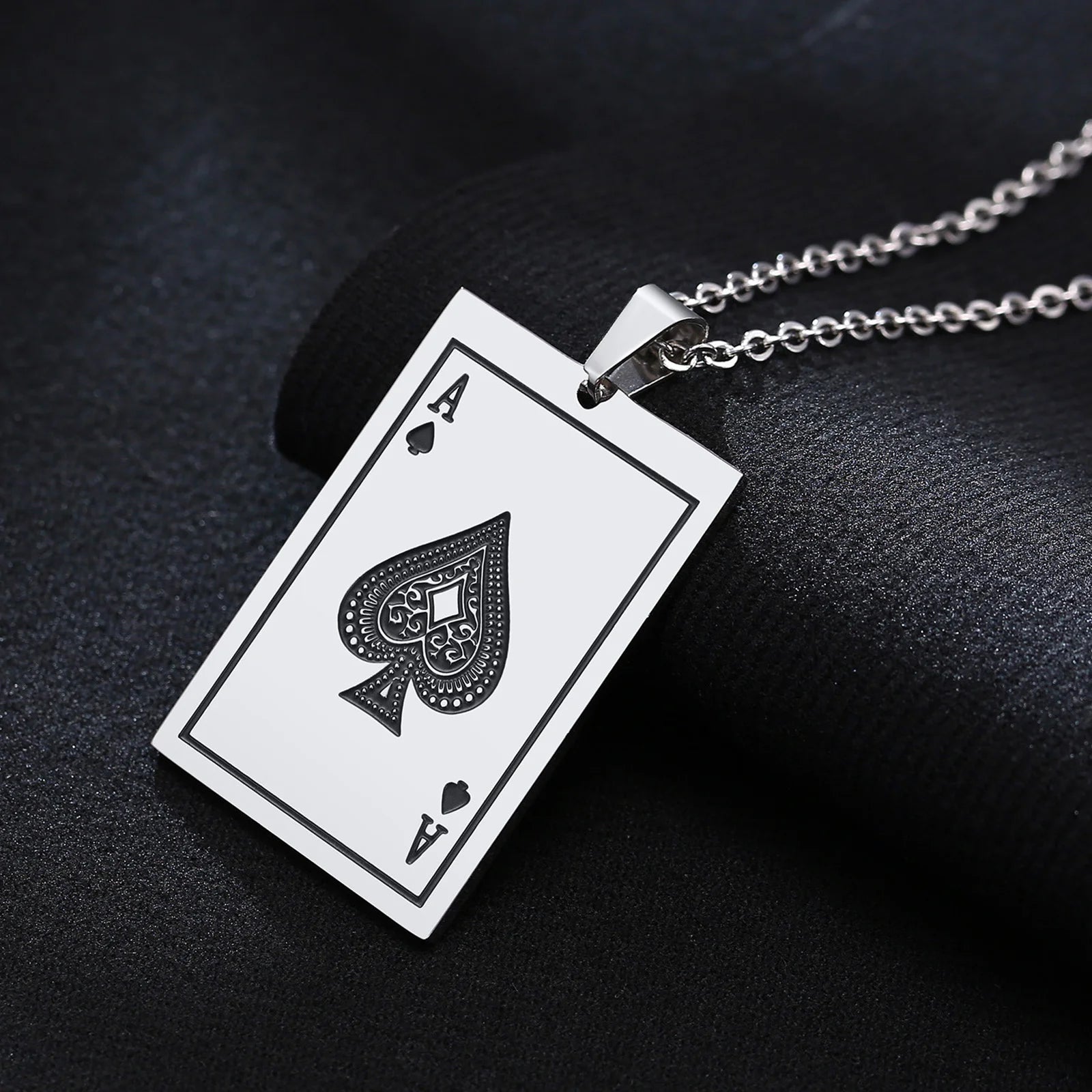 Men's Ace of Spades Poker Card Stainless Steel Dog Tag Necklace - Lovez Aqua© - 