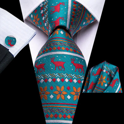 Men's Christmas Themed Festive Silk Necktie, Pocket Square & Cufflink Set - Lovez Aqua© - 