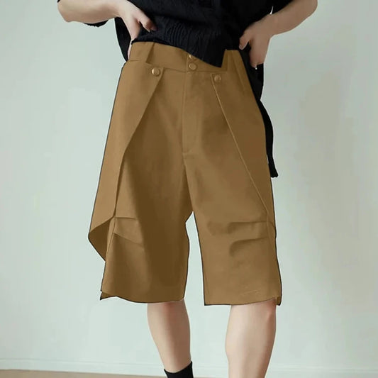 Men's High-Waisted, Wide-Leg Shorts with Button Detail & Overlapping Design