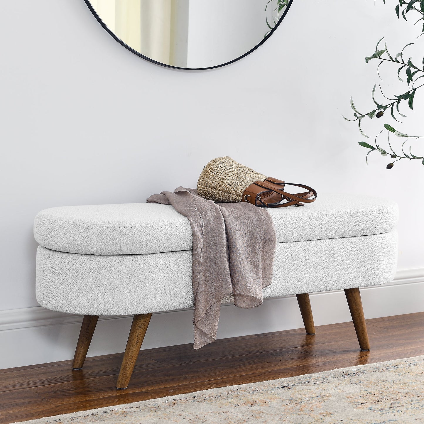 Ottoman White Linen Oval Storage Bench Seat with Wooden Legs - Lovez Aqua© - 