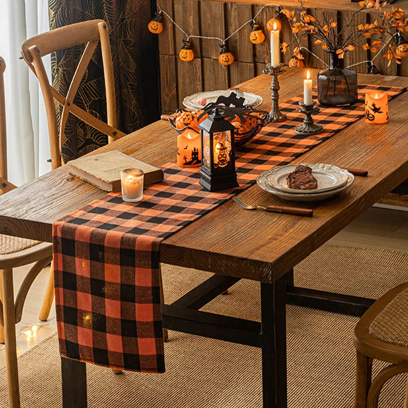 Orange & Black Halloween Holiday Decoration Farmhouse Plaid Tablecloth - Lovez Aqua© - 