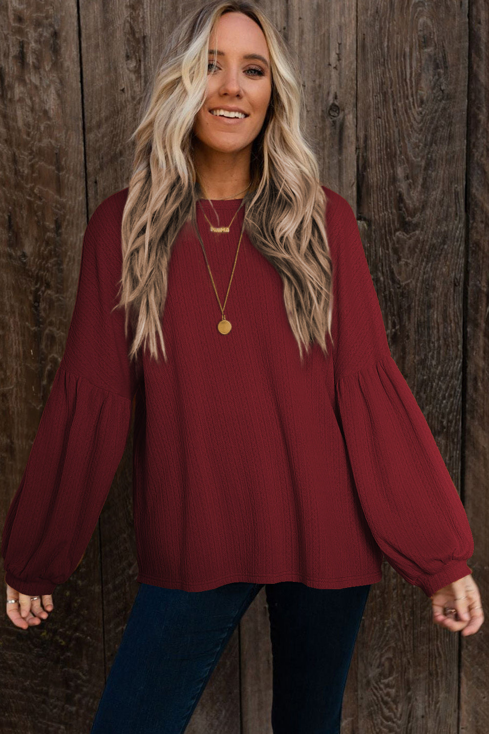 Women's Cozy Knit Jacquard Puffy Loose Fit Long Sleeve Top