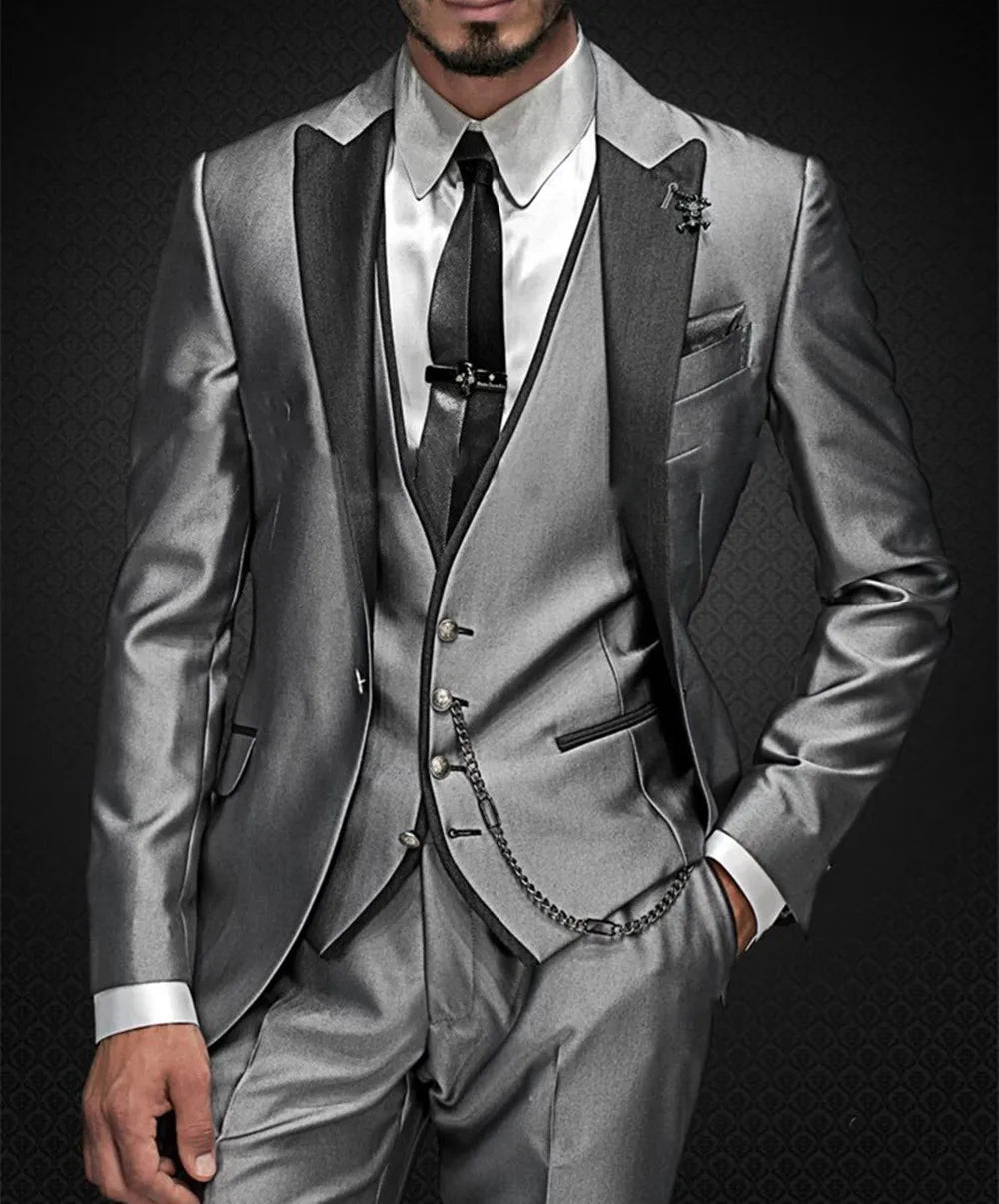 Men's Shiny Metallic Embroidered 3 Piece Suit Set (Jacket, Pants & Vest) - Lovez Aqua© - black, gray, red, silver, white