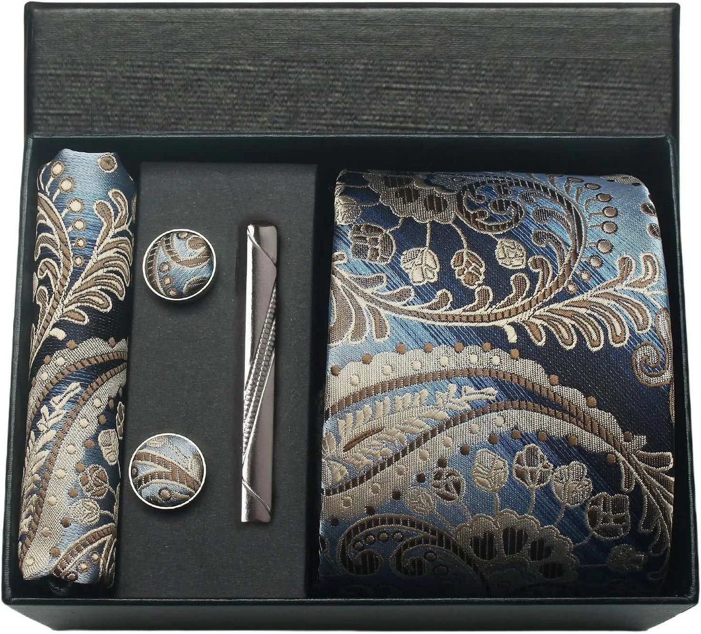 Men's Luxury Silk Paisley Floral Necktie, Pocket Square, Clip & Cufflinks Set - 80d3e6-0e.myshopify.com - BP12 -  BP12