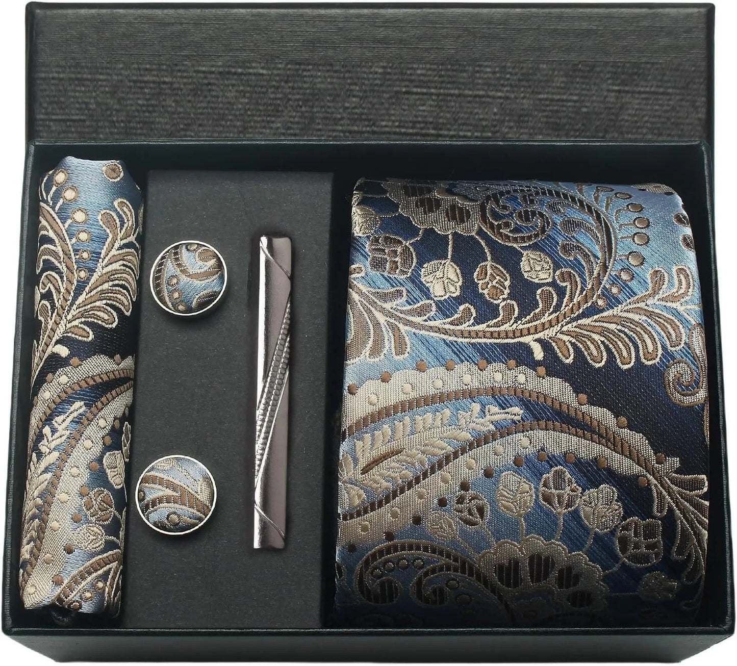 Men's Luxury Silk Paisley Floral Necktie, Pocket Square, Clip & Cufflinks Set - Lovez Aqua© - 