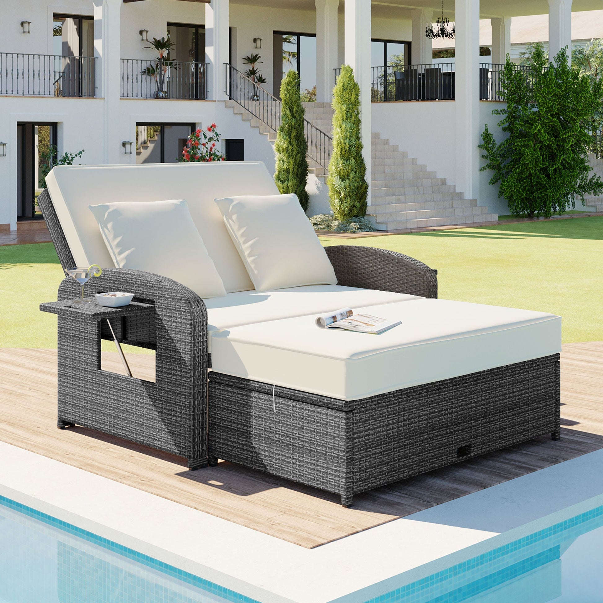 Outdoor PE Wicker Rattan Two Seater Reclining Lounge Daybed with Adjustable Back - 80d3e6-0e.myshopify.com - -  