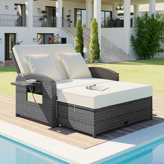 Outdoor PE Wicker Rattan Two Seater Reclining Lounge Daybed with Adjustable Back - 80d3e6-0e.myshopify.com - -  