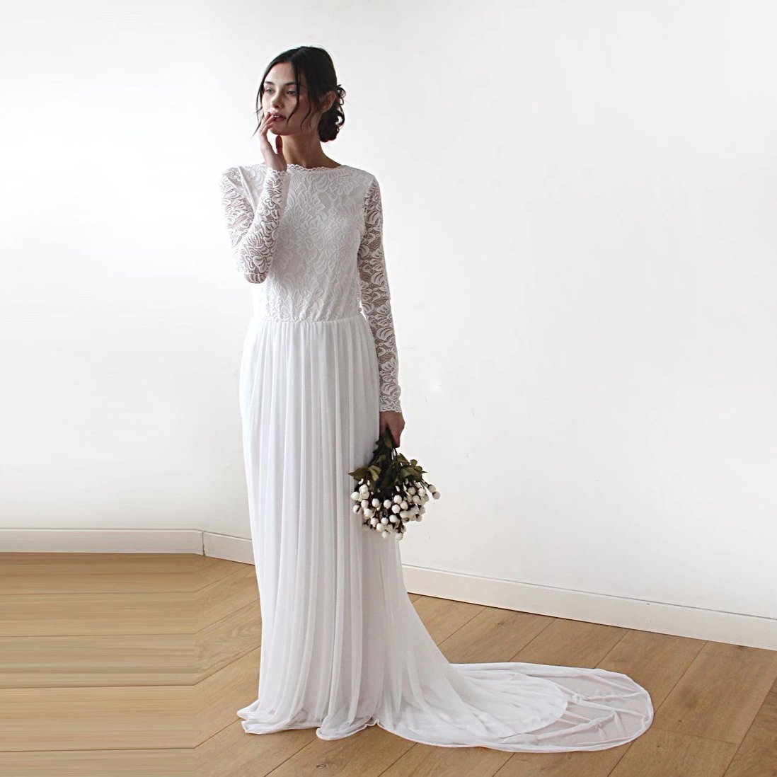 Ivory Boat Neckline V Back Lace & Chiffon Mesh Long Sleeve Wedding Dress