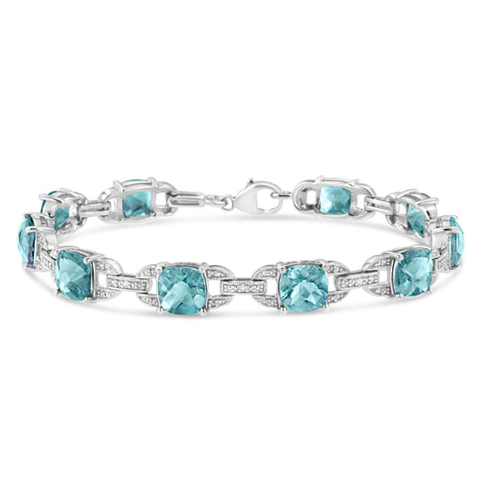 925 Sterling Silver Cushion Cut Blue Topaz & Round Cut Diamond Tennis Bracelet