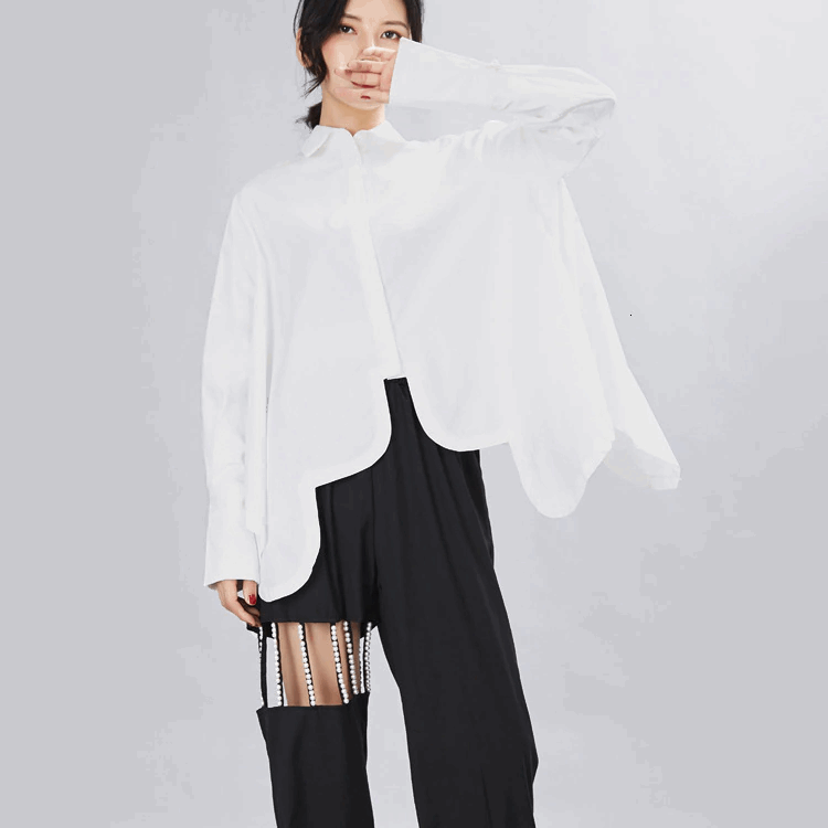 Women's Modern Layered Oversized Button-Down Shirt with Lapels & Irregular Hem