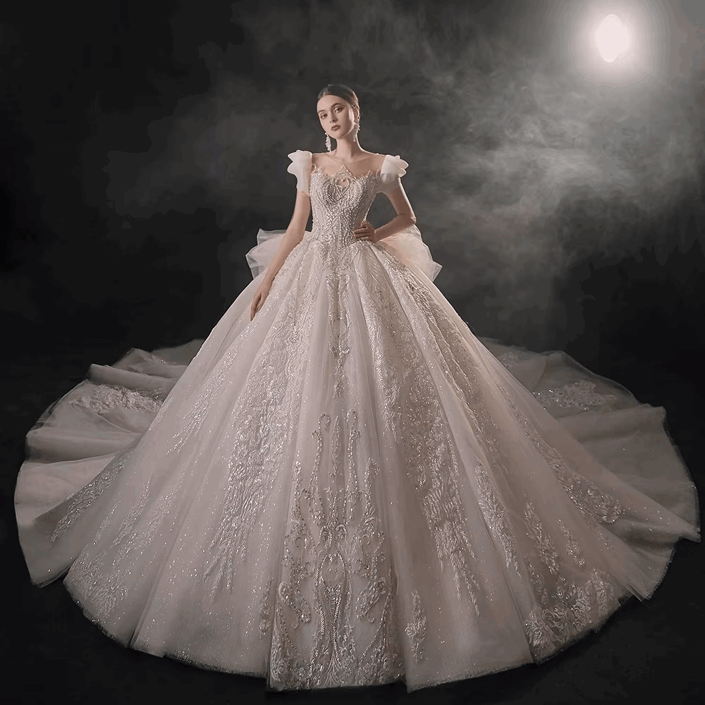 Champagne Silk Embroidered Princess Wedding Gown with Cap Sleeves & Chapel Train - 80d3e6-0e.myshopify.com - -  