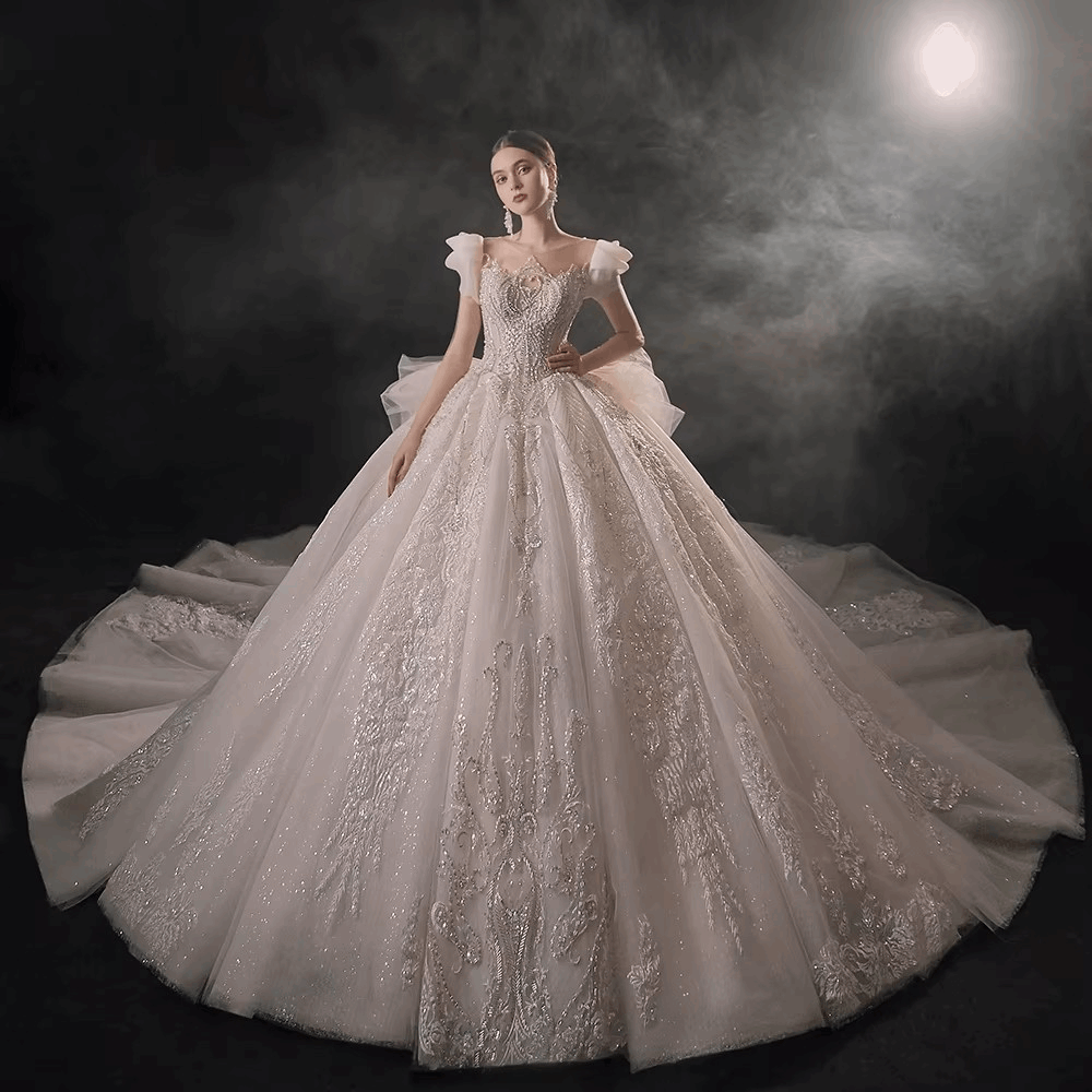 Champagne Silk Embroidered Princess Wedding Gown with Cap Sleeves & Chapel Train