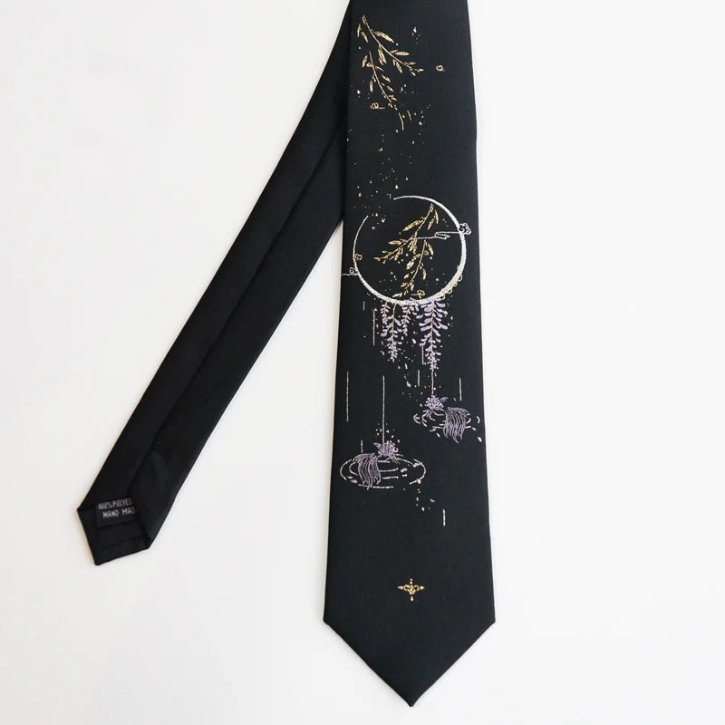 Japanese Style Moonlit Lake Black & Gold Night Landscape Necktie