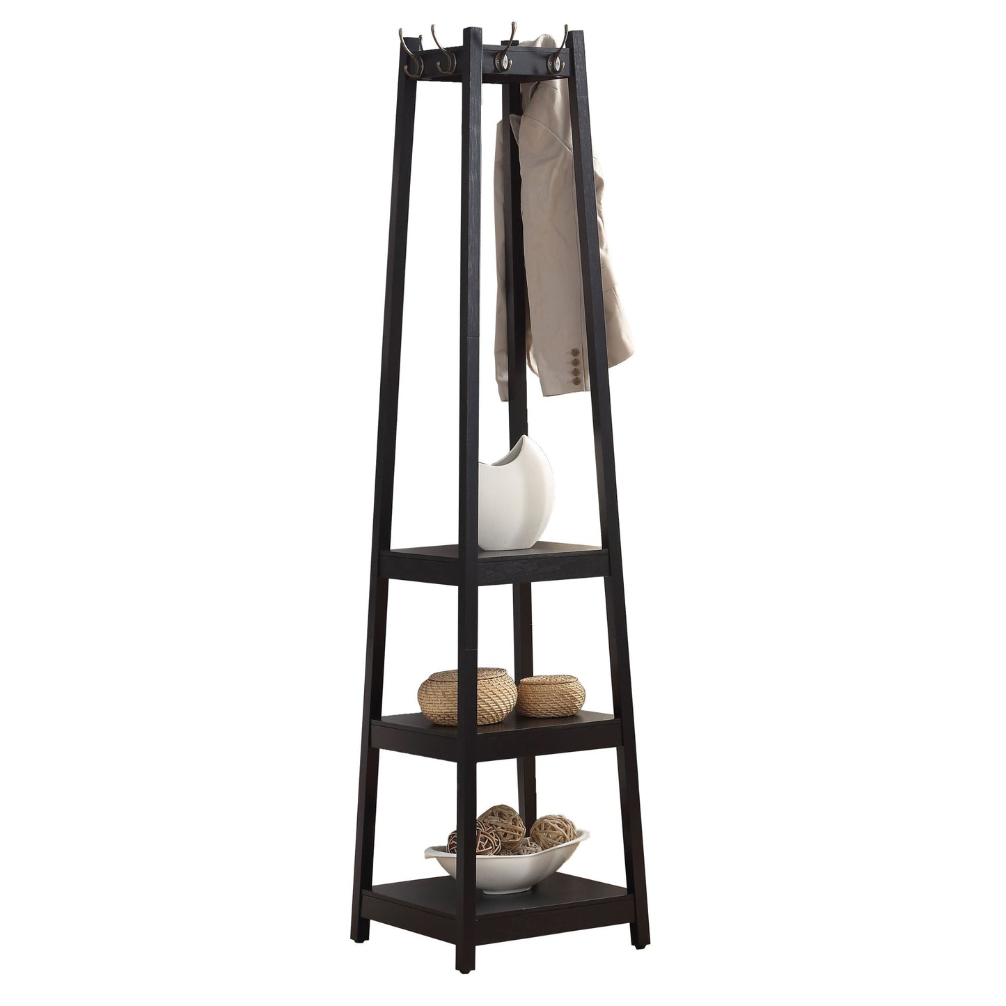 Wooden Vassen Modern Black Coat Rack with 3-Tier Storage Shelves - Lovez Aqua© - 