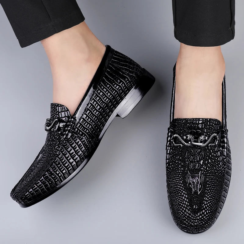 Men's Embossed Crocodile Pattern Genuine Leather Casual Slip-On Loafers - Lovez Aqua© - 