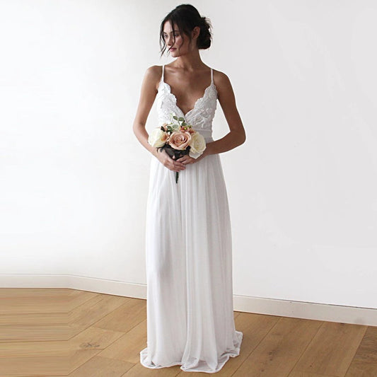 White Floral Lace Spaghetti Straps Maxi Wedding Dress with Scalloped V-Neckline