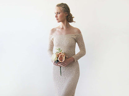 Champagne Mermaid Off-Shoulders Floral Lace Wedding Dress with Long Sleeves