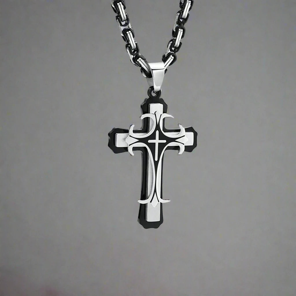 Men's Stainless Steel Religious Cross Pendant Necklace With Byzantine Chain - Lovez Aqua© - 