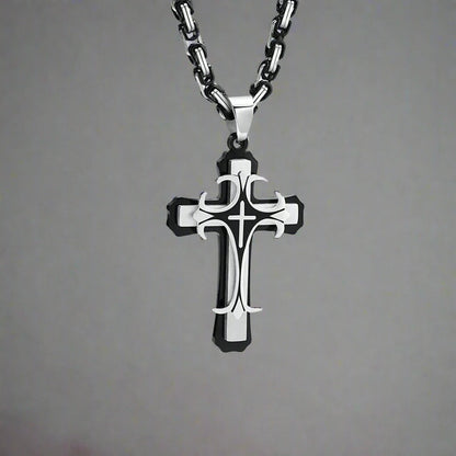 Men's Stainless Steel Religious Cross Pendant Necklace With Byzantine Chain - Lovez Aqua© - 