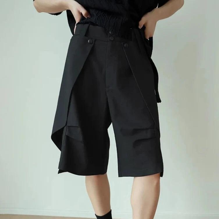 Men's High-Waisted, Wide-Leg Shorts with Button Detail & Overlapping Design