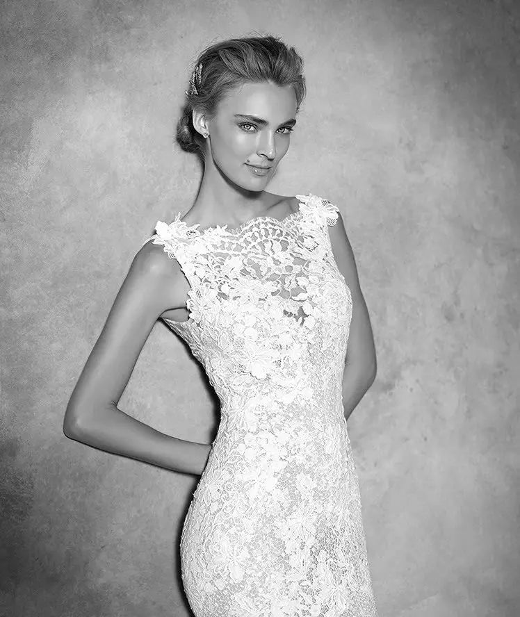 Vintage-Inspired Lace Bodice Neckline Wedding Dress With Train & Plunging V-Back - Lovez Aqua© - 