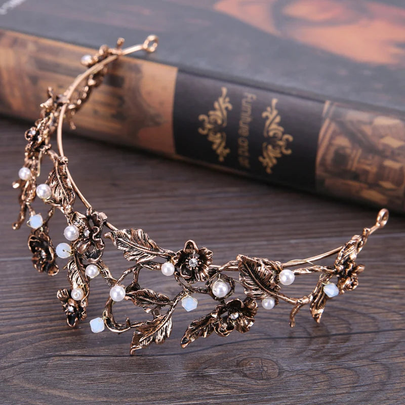 Antique Bronze & Black Crystal Bridal Hair Crown with Pearl Embellishments