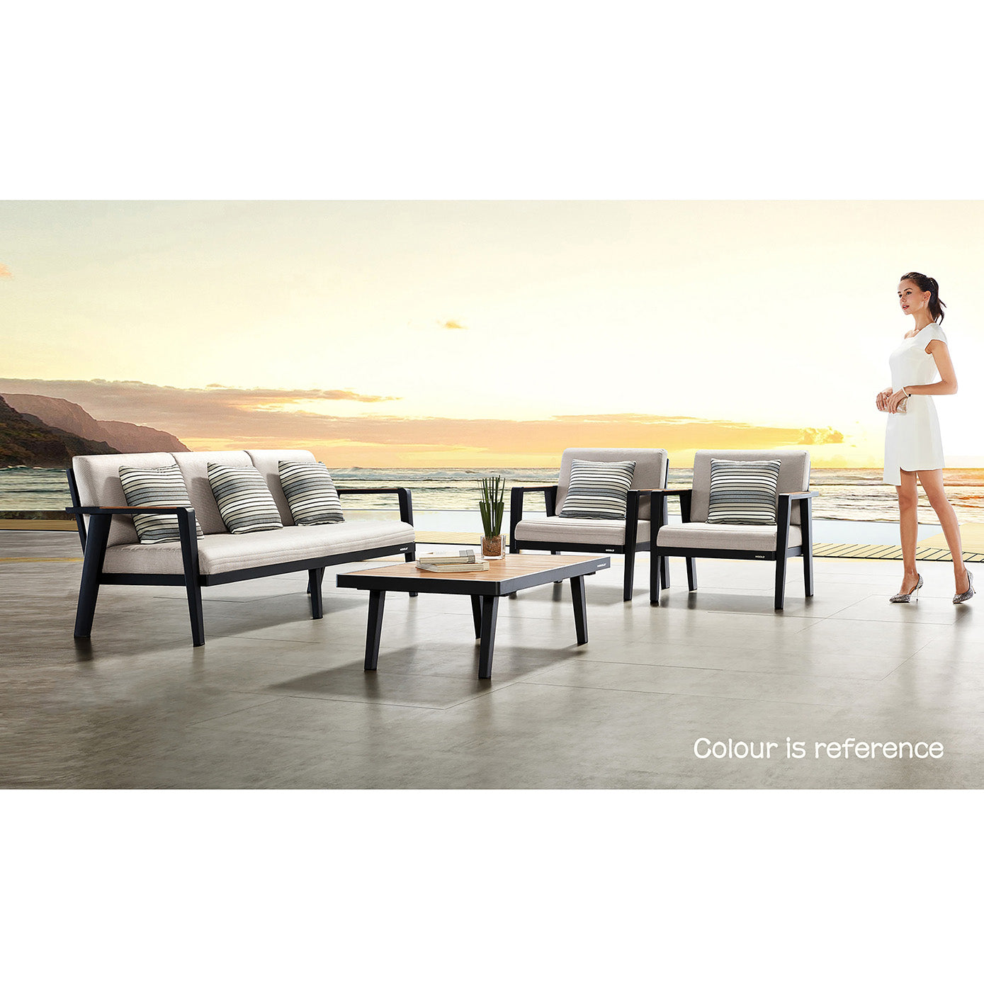 Outdoor Aluminum Teak Patio Beige Sofa 5 Seater with Wooden Coffee Table - HIGOLD - 