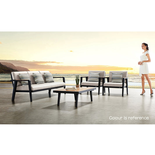 Outdoor Aluminum Teak Patio Beige Sofa 5 Seater with Wooden Coffee Table - 80d3e6-0e.myshopify.com - -  