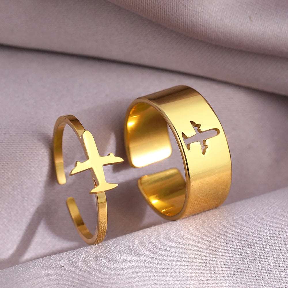 Airplane Hollow Cutout Stainless Steel Matching Couple Rings (2Pcs/Set) - Lovez Aqua© - 