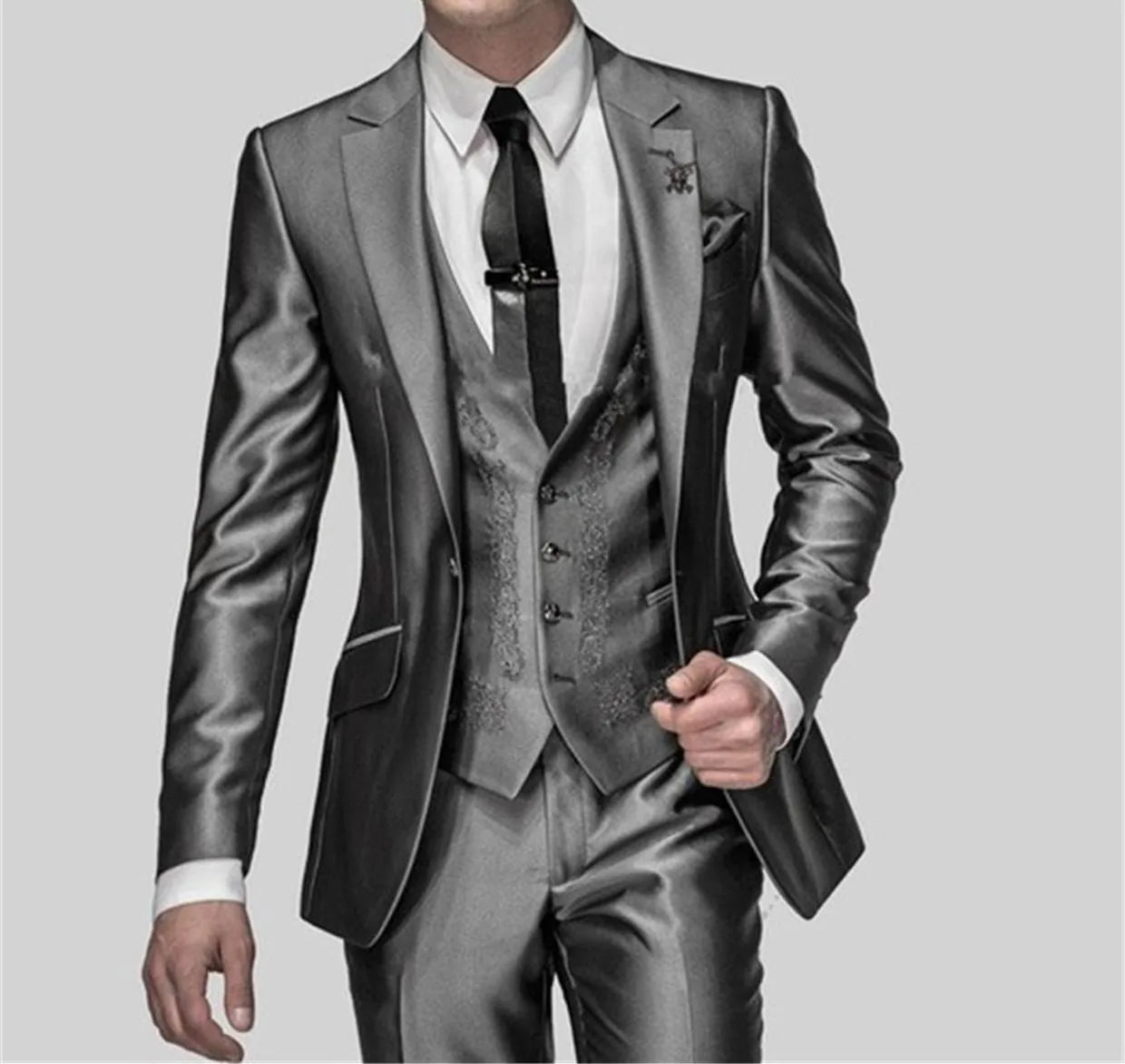 Men's Shiny Metallic Embroidered 3 Piece Suit Set (Jacket, Pants & Vest) - Lovez Aqua© - black, gray, red, silver, white