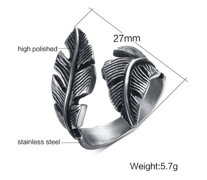 Men's Retro Antique Vintage Stainless Steel Feather Ring - Lovez Aqua© - 