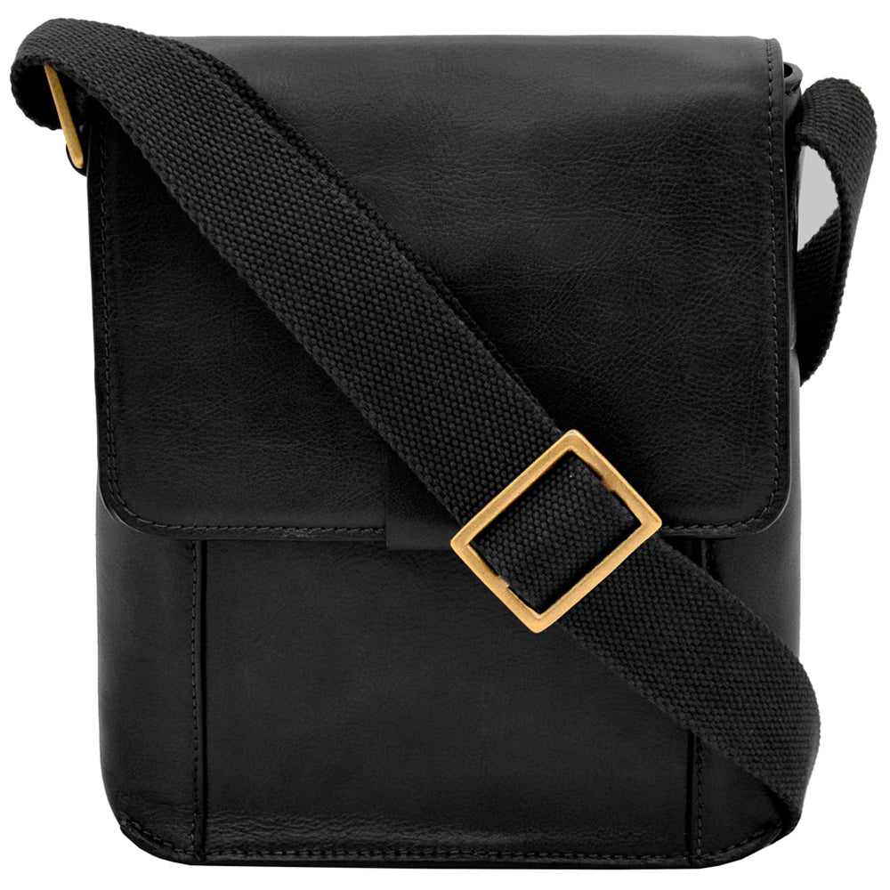 Men's Small Black Leather & Cotton Messenger Crossbody Bag - Lovez Aqua© - 