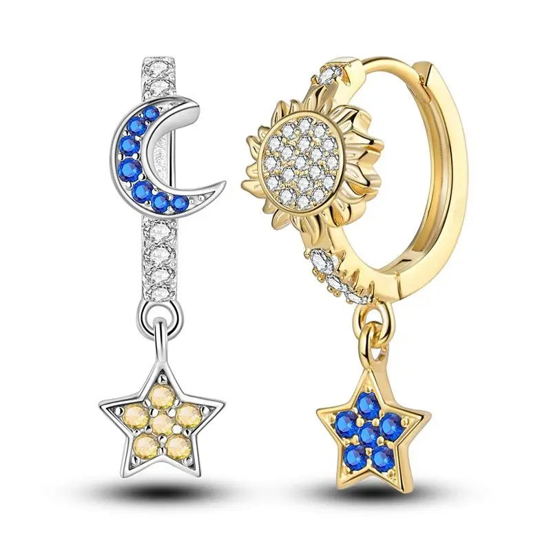 Pandora 925 Sterling Silver Two-Tone Moon, Stars & Sun Women's Earrings