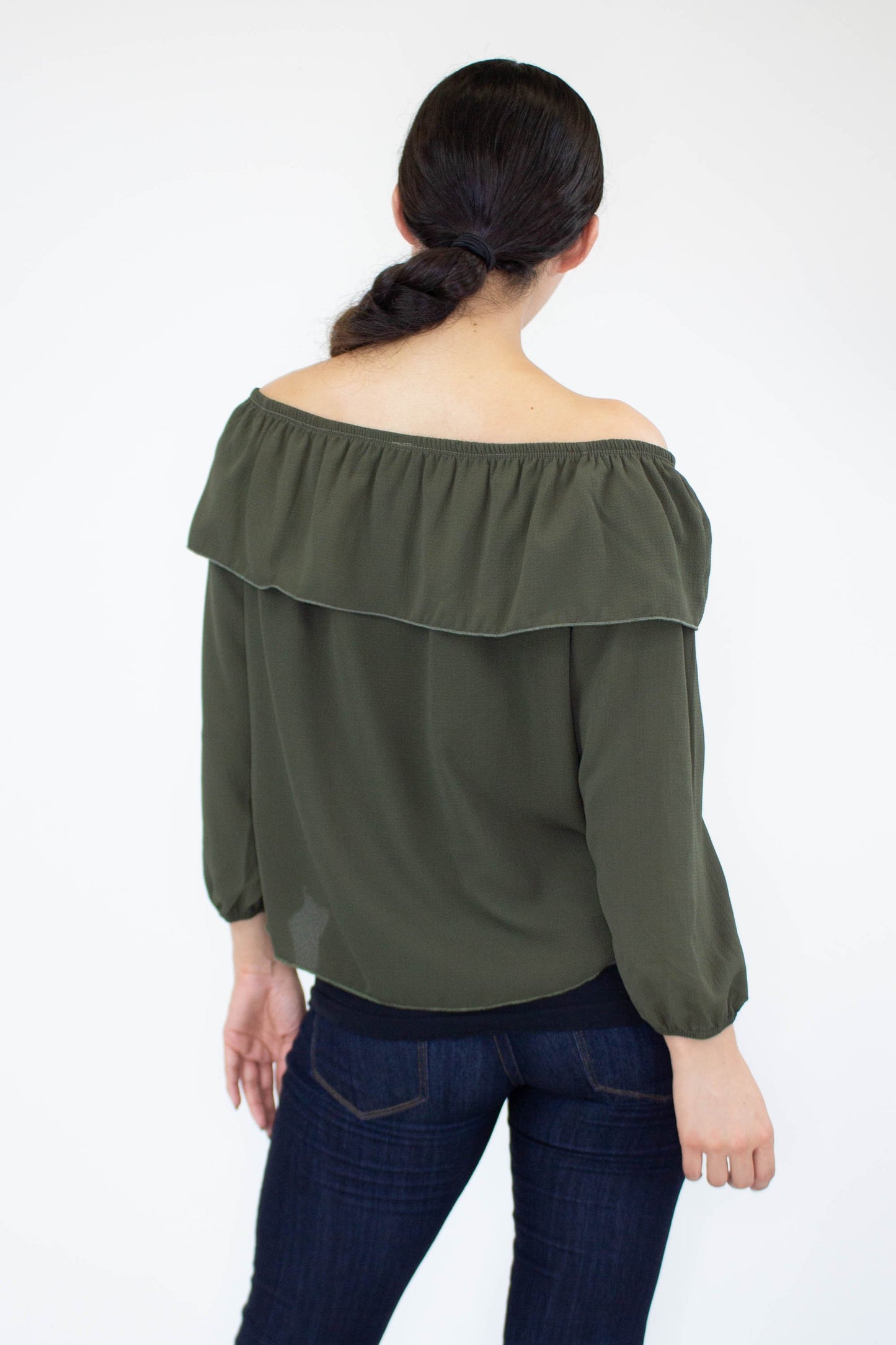 Women's Olive Colored Balloon Sleeve Blouse with Ruffled Neckline