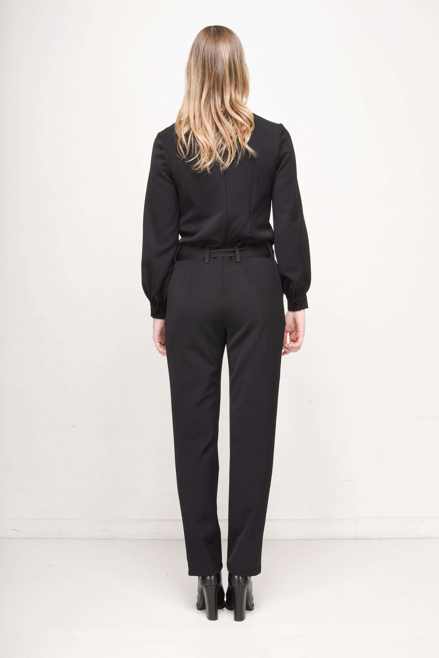 Women's Black Long-Sleeve Jumpsuit with Mesh Panels & Tie-Waist Detail