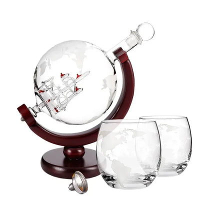 Luxury Globe Whiskey Decanter Set with Carafe Exquisite Wood Stand & Glasses