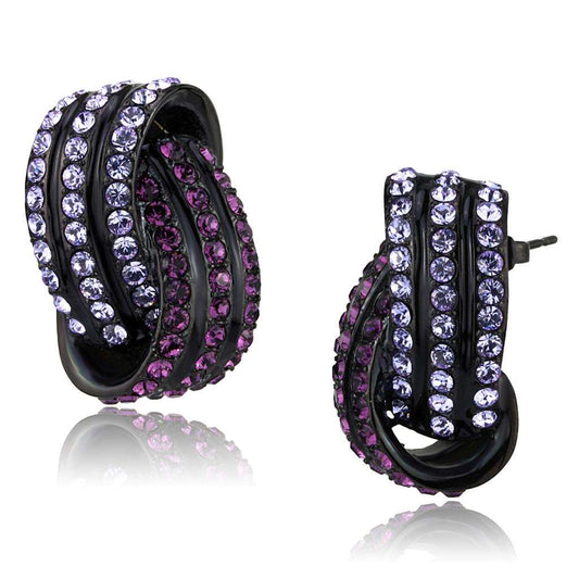 Black Stainless Steel Intertwined Hoop Earrings with Purple & Lilac Crystals