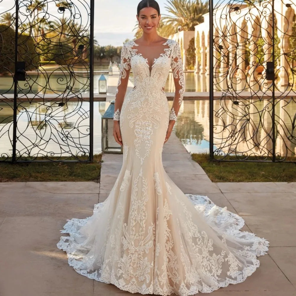 Mermaid Lace Wedding Dress with Scoop Neckline Applique Sleeves & Sweep Train