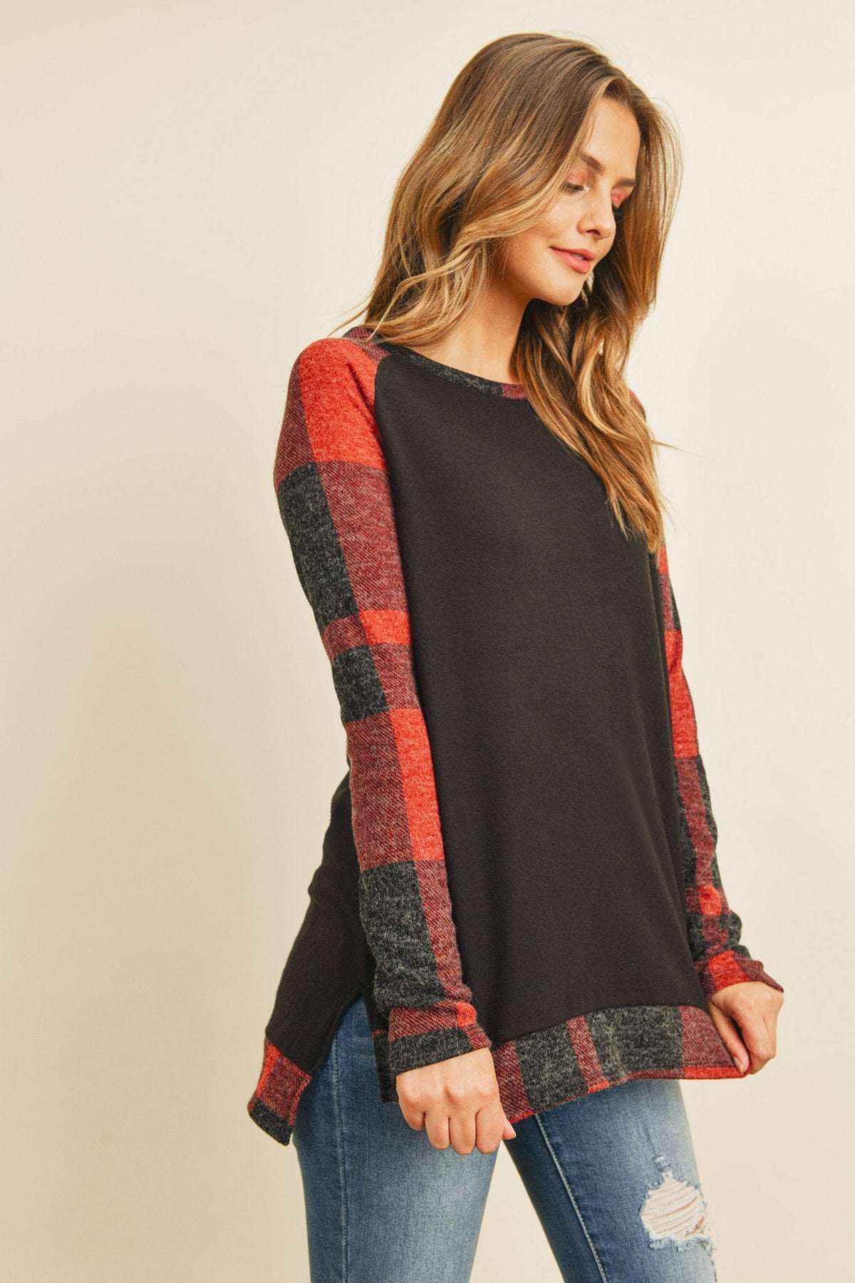 Women’s Winter Top with Hacci Plaid Pattern & Cozy Long Back Hem