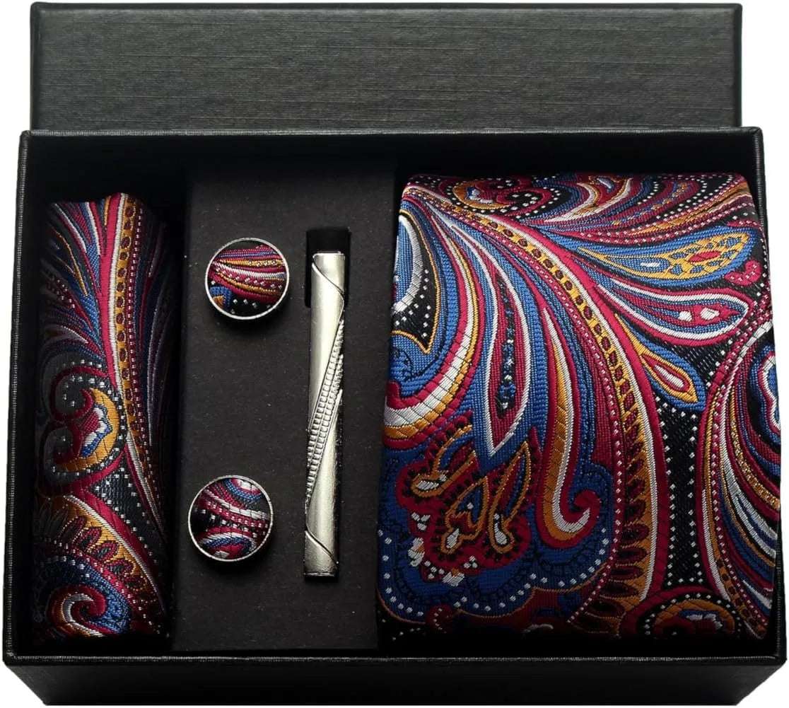 Men's Luxury Silk Paisley Floral Necktie, Pocket Square, Clip & Cufflinks Set - 80d3e6-0e.myshopify.com - BE17 -  BE17