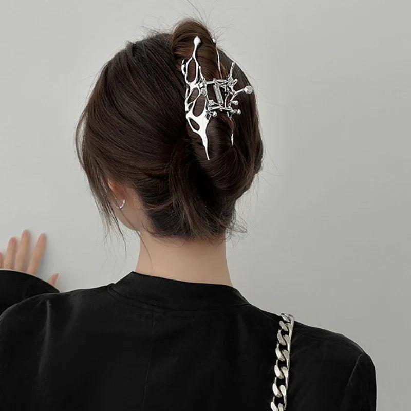 Abstract Gothic Liquid Silver Geometric Women's Large Metal Hair Claw Clip