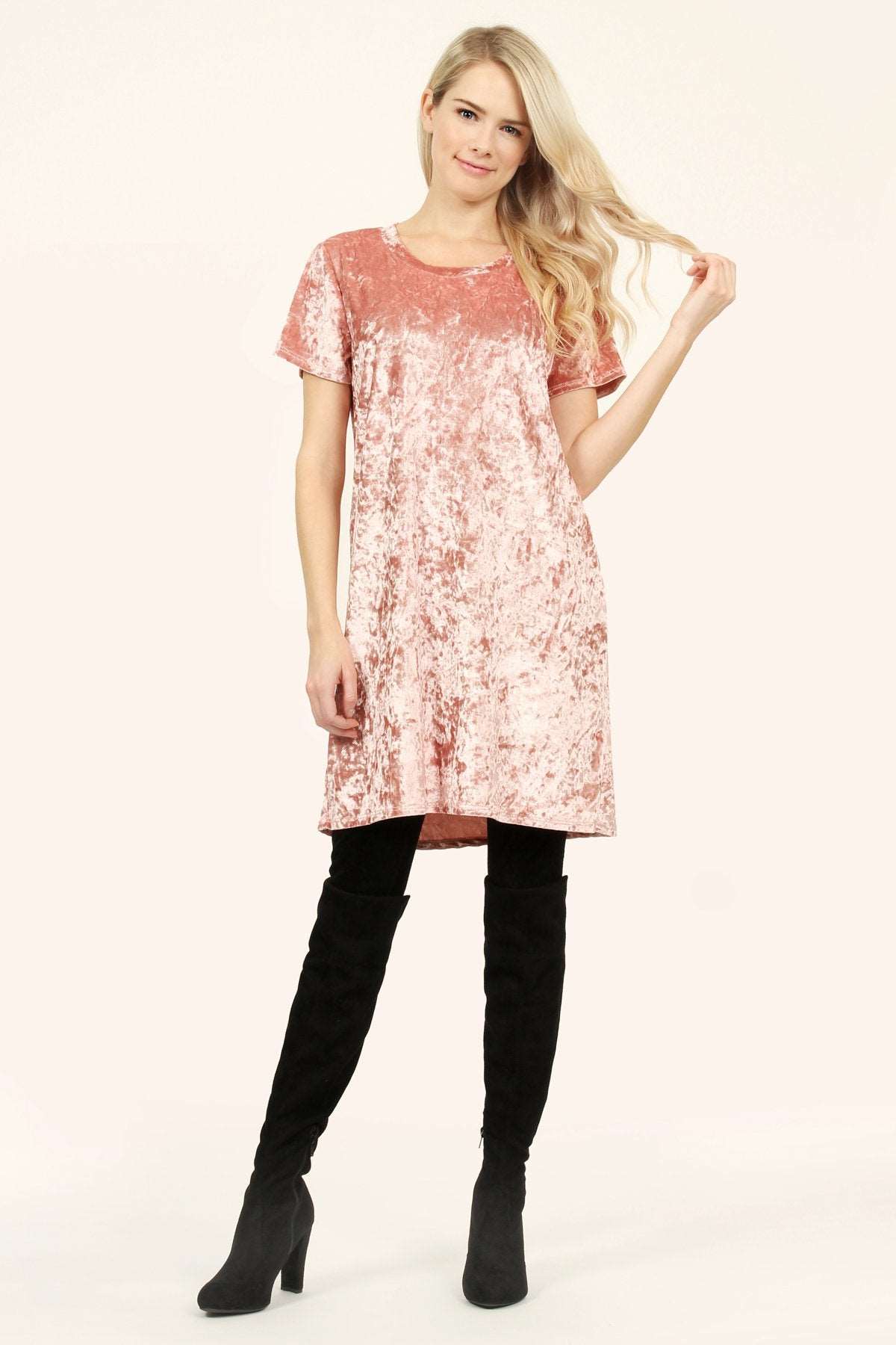 Women's Short Sleeve Relaxed Fit Crushed Velvet Tunic Dress