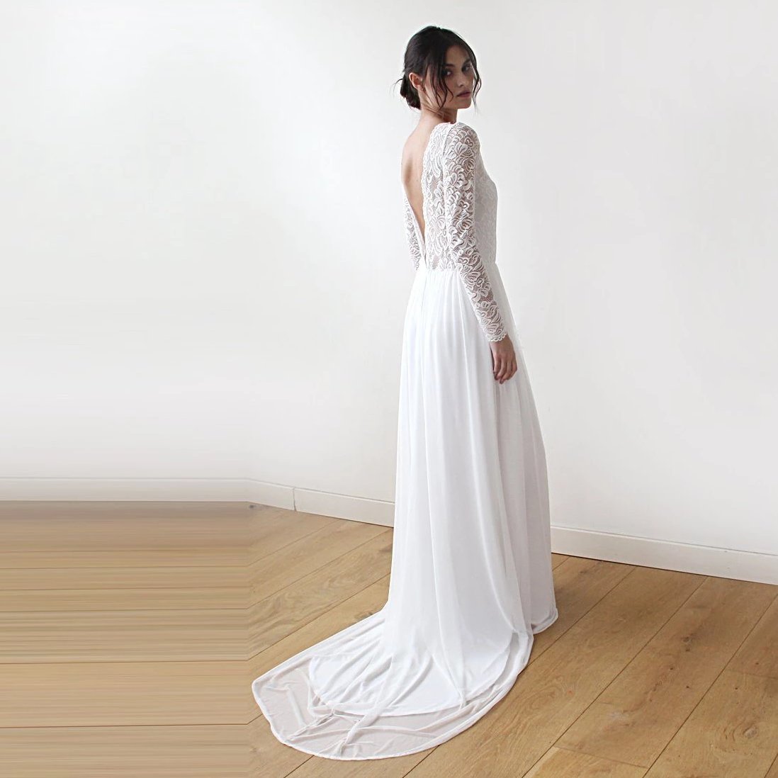 Ivory Boat Neckline V Back Lace & Chiffon Mesh Long Sleeve Wedding Dress