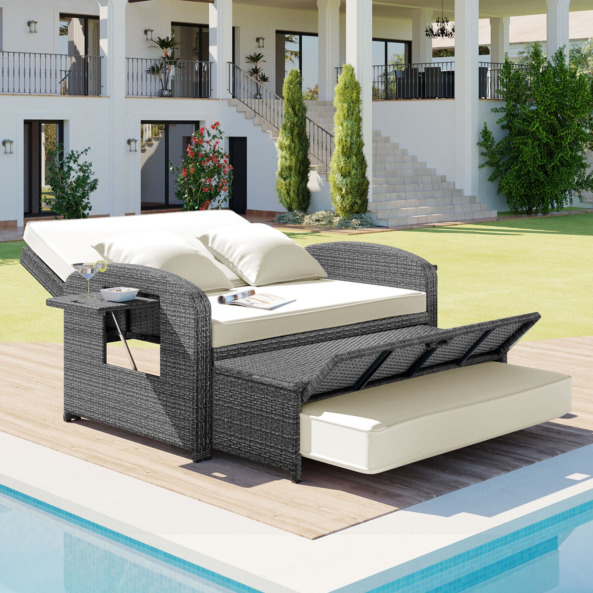 Outdoor PE Wicker Rattan Two Seater Reclining Lounge Daybed with Adjustable Back - 80d3e6-0e.myshopify.com - -  