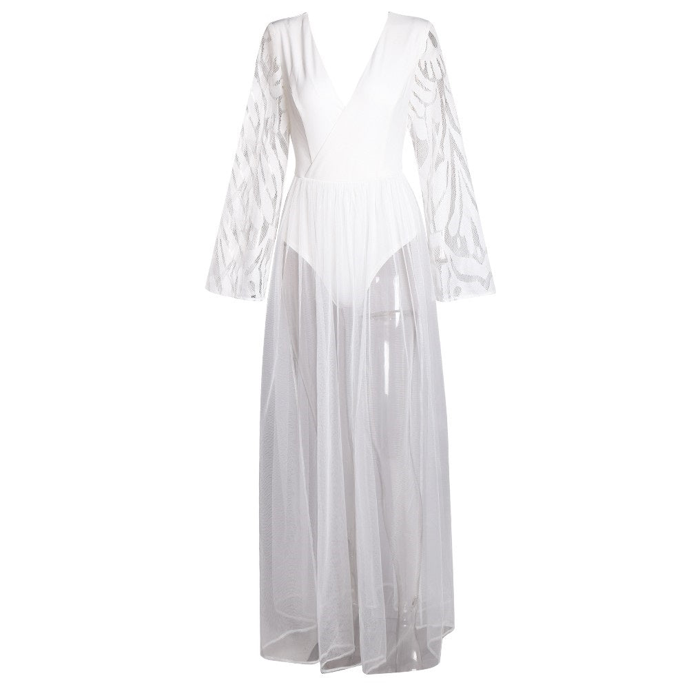 Women's Elegant White Bodysuit Dress with Sheer Overlay & Flared Sleeves