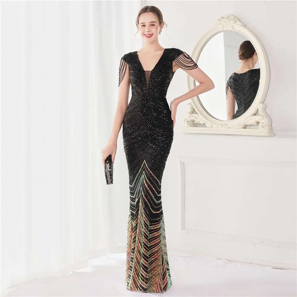 Women's Sequined Mermaid Evening Dress With Fringe Cap Sleeves - 80d3e6-0e.myshopify.com - Black / 2 -  Black