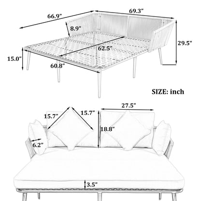 Outdoor Patio Beige Woven Nylon Two Seater Daybed with Backrest & Cushions - Lovez Aqua© - 