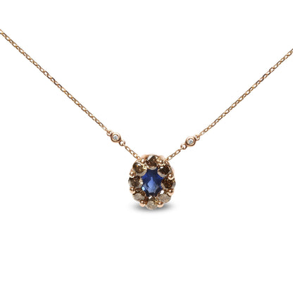 18K Rose Gold White & Brown Diamonds with Oval Blue Sapphire Halo Cluster