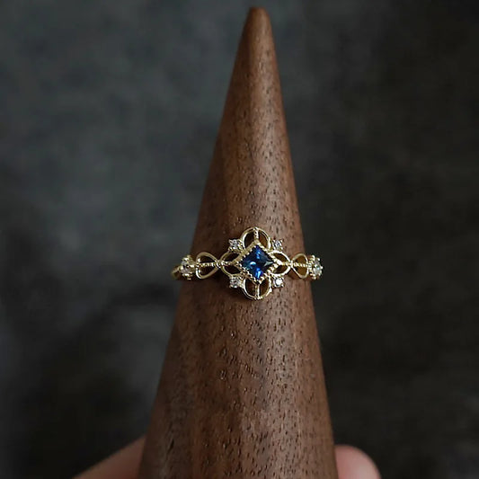 925 Sterling Silver 14K Gold Plated Women's Vintage Filigree Blue Zircon Ring