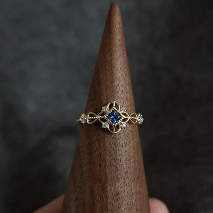 925 Sterling Silver 14K Gold Plated Women's Vintage Filigree Blue Zircon Ring